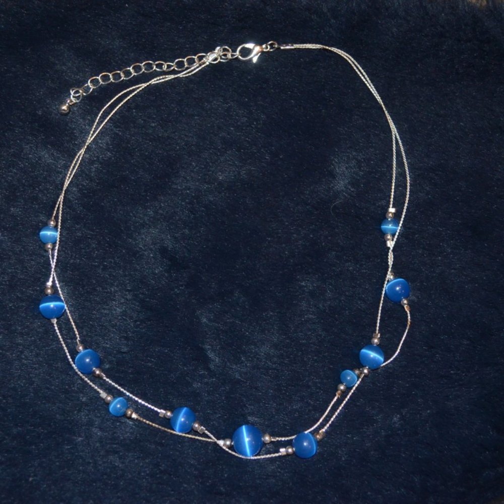 Unknown Necklace Blue Beads on like Silver Chain Two lines Extension Chain 16'